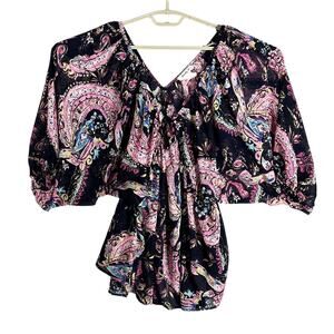 Lovely J Peasant Blouse Size M Blue Pink Paisley Boho Semi Sheer Batwing Sleeve